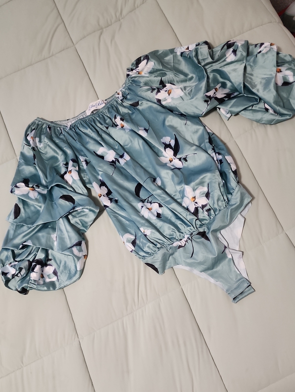 Ella Blue Bubble Sleeve Off-the-shoulder Bodysuit